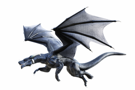 3D rendering of a black fantasy dragon flying isolated on white background - 58972175