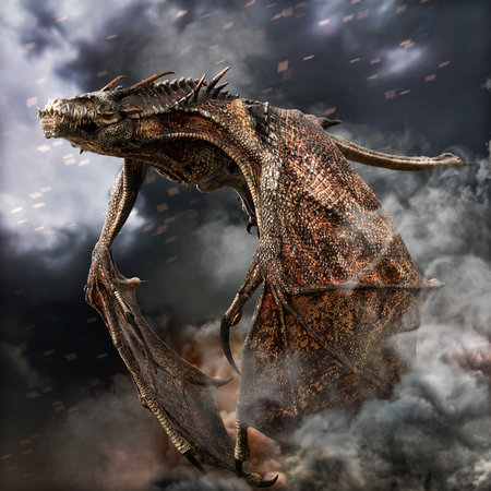 Vol du dragon. dragon féroce en mouvement rapide laissant la destruction dans son sillage. rendu 3d