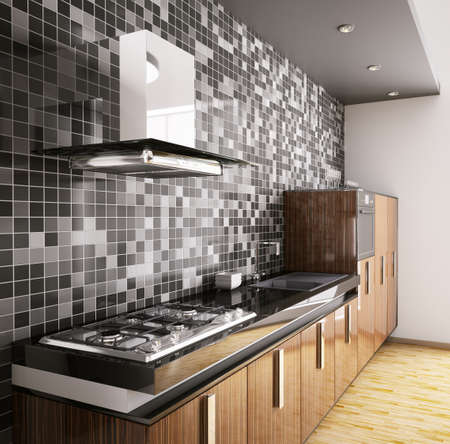 Modern ebony wood kitchen with sink,gas cooktop and hood interior 3d - 7918422