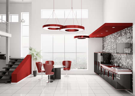 Interieur van moderne zwart wit rood keuken 3d render royalty ...