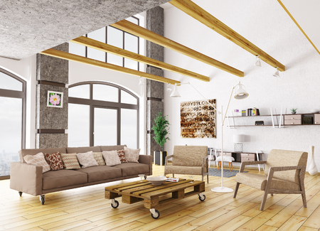 Belseje modern nappali kanapé, fotel és raklap asztal 3d rendering ... Nappali kanapé