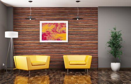Interieur Design Scène Met Een Moderne Gele Stoel En Lamp Op Bleke ... Interieur Design Scène Met Een Moderne Gele Stoel En Lamp Op Bleke ...