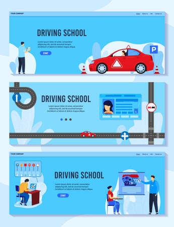 Driving auto school vector illustrations, cartoon flat student man woman character studying schooling, learning rules to drive car