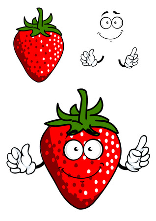 Funny strawberry cartoon character of smiling fresh berry with green stalk and white seeds suited for nutrition design
