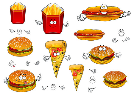 ハッピーなファーストフードのハンバーガー ホットドッグやチーズバーガーの漫画のキャラクター テイクアウトやファーストフードのメニュー デザイン の イラスト素材 ベクタ Image ハッピーなファーストフードのハンバーガー ホットドッグやチーズバーガーの漫画のキャラクター テイクアウトやファーストフードのメニュー デザイン の イラスト素材 ベクタ Image