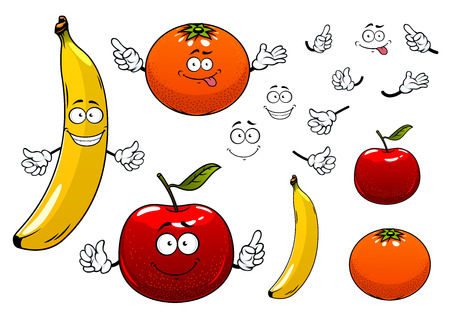 熟したジューシーな赤リンゴ オレンジ バナナ果物キャラクター農業や食品の設計のための注意の兆しを見せて 幸せそうな顔で のイラスト素材 ベクタ Image