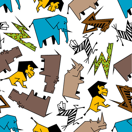 様式化された漫画のヘビ 象とライオン カバ シマウマ ヘビとサイとシームレスなパターンをアフリカのサバンナの野生動物 子供部屋のインテリア 壁紙やテキスタイルのテーマ のイラスト素材 ベクタ Image