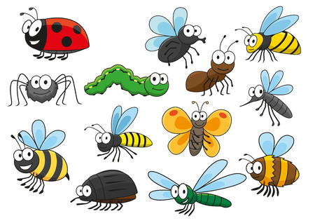 bee: Дружественные улыбается мультфильм пчела и ошибка, бабочка и гусеница, летать и божья коровка, паук и комаров, осы и муравей, шмелей, стрекоз и шершни символов.