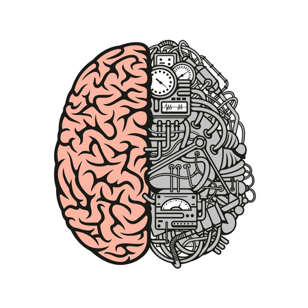 手には 詳細な結合された人間の脳と自動計算エンジン装置で機械人間脳のベクトル イラストが描かれました のイラスト素材 ベクタ Image