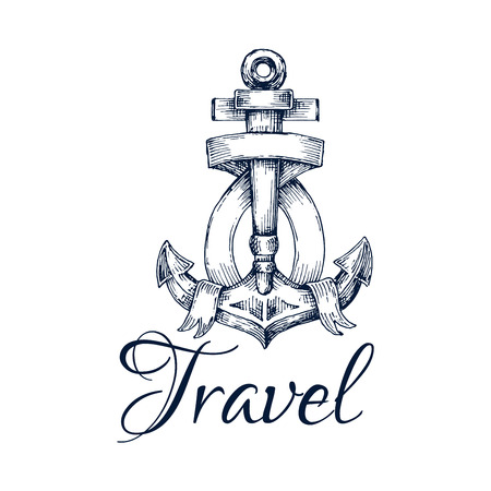 Travel Icon Anchor And Ribbon Node Sketch Emblem Marine Nautical Graphic Insignia For Travel Icon Anchor And Ribbon Node Sketch Emblem Marine Nautical Graphic Insignia For