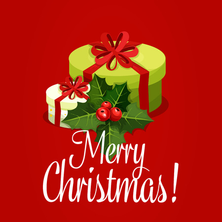 christmas gift box with holly berry festive poster xmas present decorated with ribbon bow - Xmas Present christmas gift box with holly berry festive poster xmas present decorated with ribbon bow - Xmas Present
