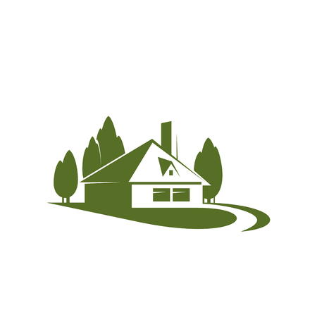 Eco village or green house real estate company or building and construction agency icon design template. Vector house in green forest trees for landscape designing or urban horticulture.