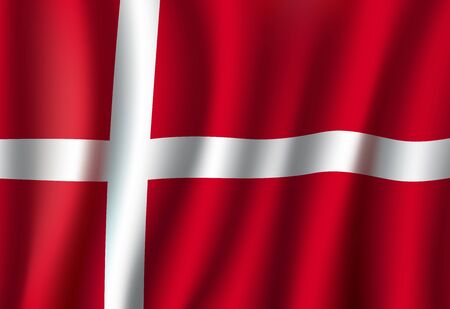 National flag of denmark, red banner with white cross. symbol of denmark on wavy cotton fabric, patriotic symbol