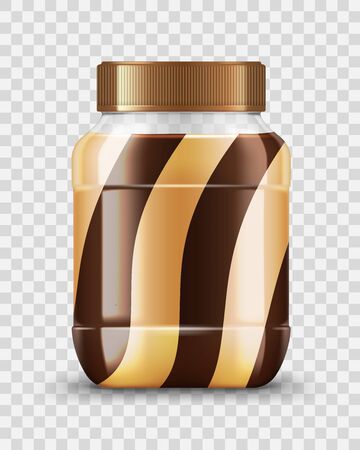 Peanut butter and chocolate jar 3d vector mockup of spread food package design. Caramel, nut paste, milk and cocoa cream brown and white swirls, realistic glass pot with golden screw lid or cap Vector Illustration