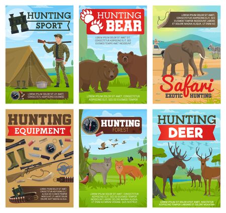 Hunting sport equipment, safari and forest animals vector posters. Hunters, guns and rifles, ducks, bears and elephant, deer, wolf and zebra, knife, binoculars and trap, tourist tent, cartridge belt
