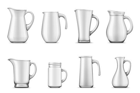 Pitchers, jugs and jar mug 3d vector design. empty white ceramic or porcelain tableware of realistic cup and containers with handles and spouts, kitchen utensils and kitchenware themes