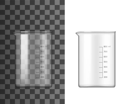 Glazen beker lab glaswerk 3d vector ontwerp van chemie en wetenschappelijke apparatuur. chemisch laboratorium maatbeker, kolf of reageerbuis met tuit en meetschaalmarkering. onderzoeksthema's Vector Illustratie