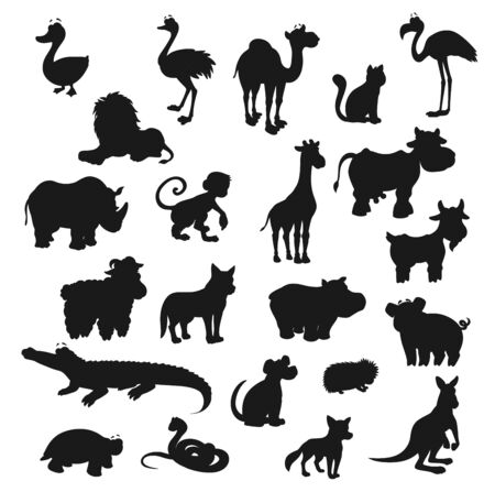 Cartoon animals, isolated black silhouettes. Vector wild lion, fox, safari giraffe and monkey, farm cow, goat, pig, dog and cat. Duck and croc, ostrich and flamingo, rhino, camel, snake and turtle