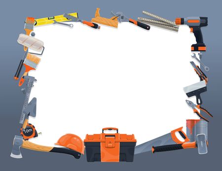 Construction And Repair Tools Vector Frame Border. Hammer, Drill, Paint,  Brush And Roller, Toolbox, Helmet, Spanner And Wrench, Pliers, Trowel,  Spatula And Tape Measure, Axe, Saw And Knife Brocade Royalty Free SVG,