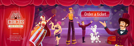 Circus show flyer with big top performers ringmaster, man cannonball and tamer with trained dogs, woman snake charmer or stilt walker. cartoon artists on big top tent circus arena perform show Vector Illustration