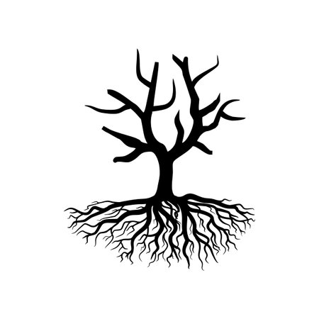 Creepy dead tree silhouette vector illustration. Autumn, winter season, nature death hand drawn monocolor symbol. Scary tree with crown monochrome drawing. Lonely wood, dry branches, root system
