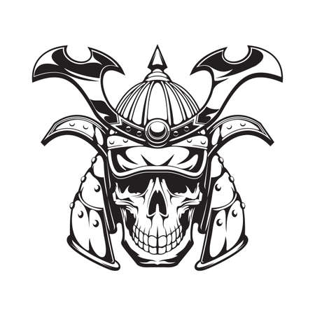 Samurai Warrior Skull Tattoo Or Japanese Mask And Japan Ninja In Helmet,  Vector Icon. Japanese Samurai Warrior Skull Head With Ronin Armor Sword,  Kamikaze Army Shogun Demon. Клипарты, SVG, векторы, и Набор
