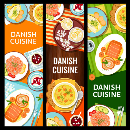 Danish cuisine restaurant dishes menu banners. almond rice pudding risalamande, fried cod fillet and pork belly, meatball potato soup, shrimp cocktail and elderflower lemonade, roast pork with apples