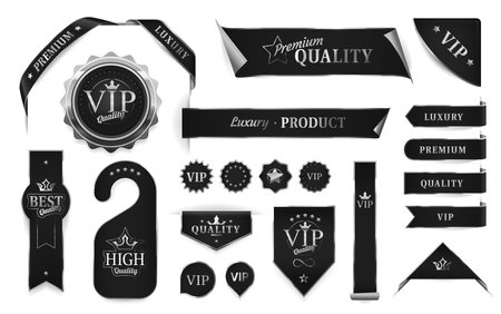 Silver luxury labels and banners ribbons or vip badges and premium quality stickers vector signs best product certificate labels and silver black emblems or vip tags for exclusive high quality
