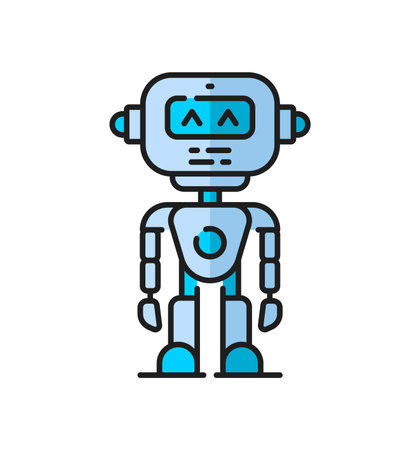 Robot cyborg color line icon cartoon robotic android bot vector character retro robot with mechanical arms and face display in outline icon cyber machine or space alien ai robotic android bot Stock Photo
