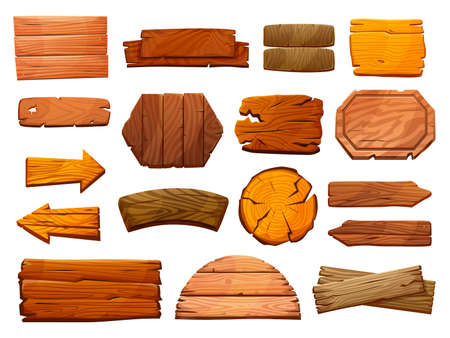 Ensemble de panneaux de piliers en bois panneaux de guidage isolés de bois. postes de guidage vierges vectoriels, pointeurs de direction des flèches, panneaux d'information. bannières d'avis vides pointant vers des panneaux rétro ou des panneaux d'affichage