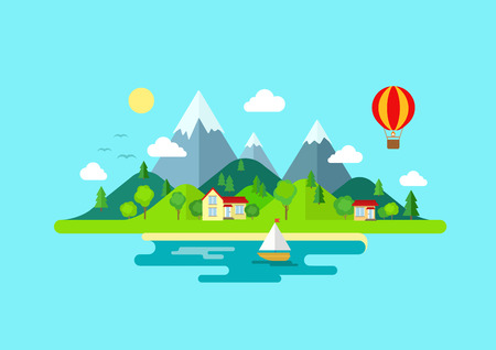 Sunset landscape vector: núi du lịch cảnh quan đảo và thuyền buồm màu vector phẳng biểu tượng thiên nhiên thời tiết khái niệm mẫu. Phong cách thời trang ngoài trời nghỉ ngơi du lịch thuyền nghỉ du thuyền khinh khí cầu đi bộ đường dài. bộ sưu tập phong cảnh bằng phẳng