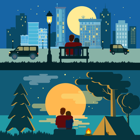 Sunset landscape vector: Hug vài âu yếm lãng mạn thích hẹn hò với thành phố đêm phẳng và ngoài trời phong cảnh lãng mạn mẫu khái niệm vector. Creative người lãng mạn bộ sưu tập.