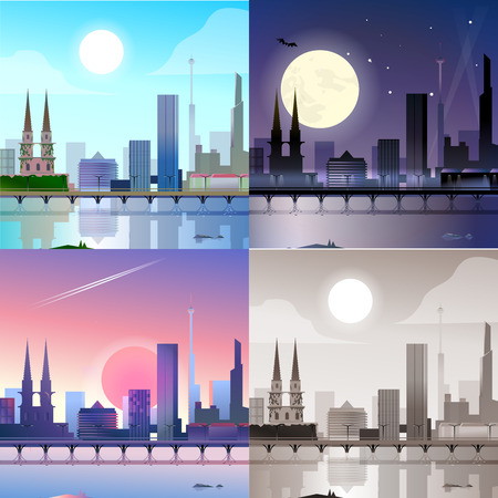 Sunset landscape vector: scape thành phố tòa nhà lịch sử hiện đại phẳng tòa nhà chọc trời kè bộ cảnh cây cầu. Stylish web biểu ngữ bộ sưu tập phong cảnh. Ánh sáng ban ngày, ban đêm ánh trăng, ngắm cảnh hoàng hôn, retro cổ điển bức tranh màu nâu đỏ. Hình minh hoạ