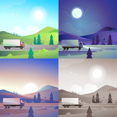Sunset landscape vector: cảnh quan núi đồi bằng phẳng đường quê xe tải giao hàng cảnh vận chuyển thiết lập. biểu ngữ web phong cách thiên nhiên bộ sưu tập ngoài trời. Ánh sáng ban ngày, ban đêm ánh trăng, ngắm cảnh hoàng hôn, retro cổ điển bức tranh màu nâu đỏ. Hình minh hoạ