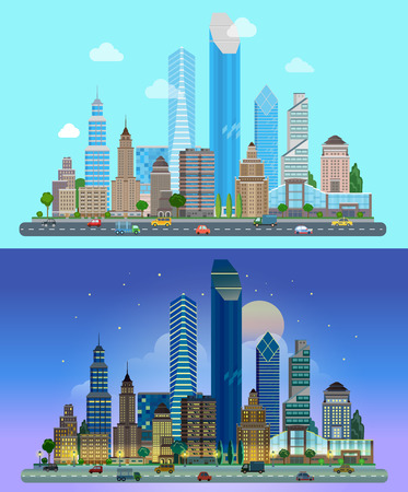 Sunset landscape vector: Flat phim hoạt hình tòa nhà chọc trời kinh doanh thành phố thiết lập ngày và đêm. đường cao tốc đường giao thông đường vận chuyển đường trước dòng của các tòa nhà chọc trời văn phòng trung tâm thương mại. Urban sưu tập thời trang cuộc sống. Hình minh hoạ