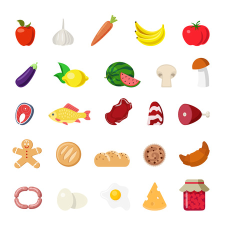 banana: phong cách phẳng thực phẩm hiện đại khái niệm ứng dụng web biểu tượng thiết lập. trái cây rau củ cà rốt trứng nấm thịt cá bánh pho mát hàng tạp hóa táo thịt xông khói bánh croissant chuối chanh bánh mì dưa bánh bích quy. biểu tượng trang web của bộ sưu tập.