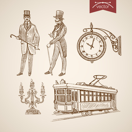 Engraving Vintage Hand Drawn Doodle Collage Pencil Sketch Chandelier Tram Clock Gentleman Illustration Engraving Vintage Hand Drawn Doodle Collage Pencil Sketch Chandelier Tram Clock Gentleman Illustration