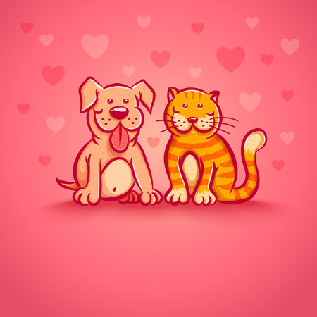 バレンタインデーの猫と犬のかわいいベクター イラスト ハートとピンクの背景のペット のイラスト素材 ベクタ Image
