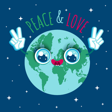 かわいいスタイルで地球のベクター イラストです テキスト平和と愛と地球を漫画します のイラスト素材 ベクタ Image