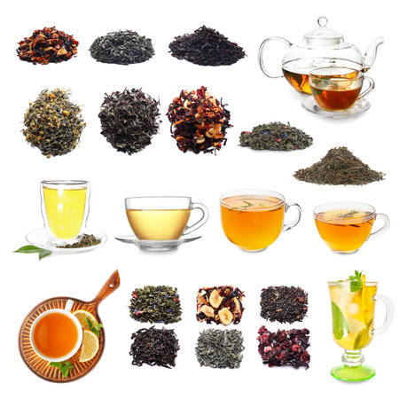 Collage of different types of tea on white background Zdjęcie Seryjne