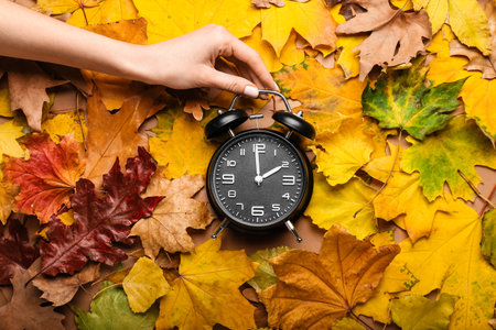 Female hand with alarm clock on autumn leaves