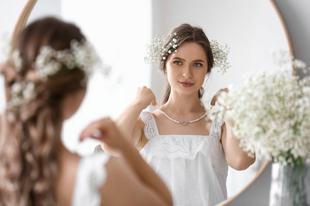 그녀의 결혼식 날을 준비하는 아름다운 젊은 신부 스톡 콘텐츠