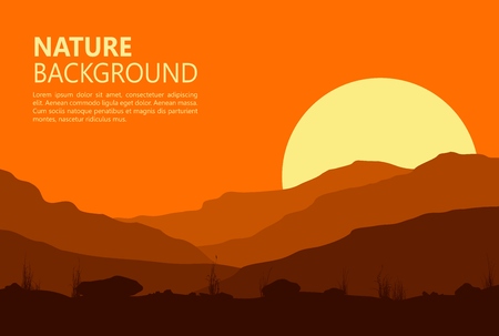 Sunset landscape vector: Cảnh hoàng hôn với trong núi. Vector minh họa.