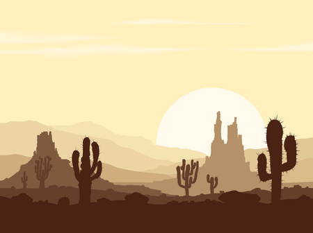 Sunset landscape vector: Landscape with sunset in stone desert with cactuses and mountains. Vector illustration.