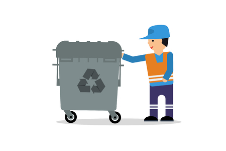 Vector flat illustration worker of cleaning service and garbage container isolated on white - 77974966