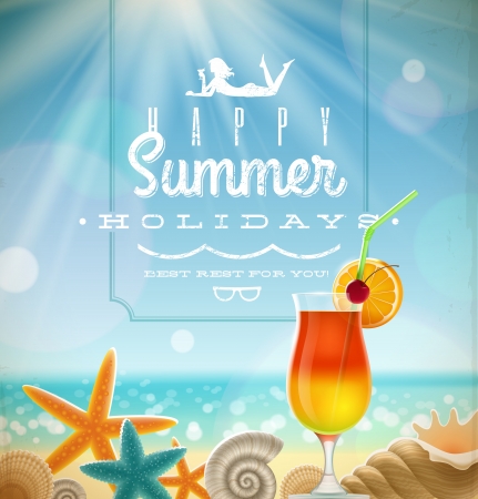 Summer holidays illustration with greeting lettering and tropical resort symbols on a sunny beach - 18596042