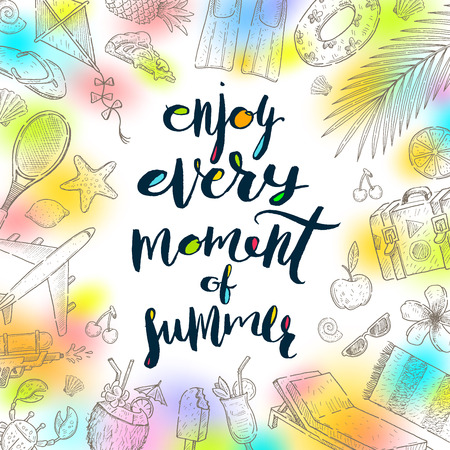 夏の休日イラスト 南国の花々 書道 水彩画でヒトデと海の貝 のイラスト素材 ベクタ Image