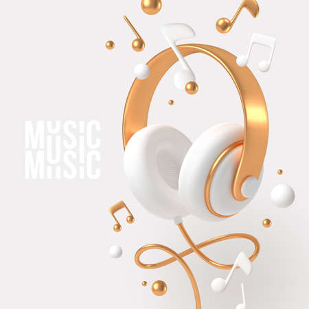 Casque de rendu 3d réaliste avec des éléments dorés et des notes de musique. illustration vectorielle.