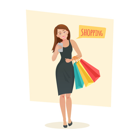 El hombre y la mujer con bolsas de la compra. ilustración vectorial de dibujos animados de la mujer y el hombre va plana con teléfono y paquetes en El hombre y la mujer con bolsas de la compra. ilustración vectorial de dibujos animados de la mujer y el hombre va plana con teléfono y paquetes en