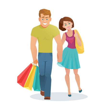 El hombre y la mujer con bolsas de la compra. ilustración vectorial de dibujos animados de la mujer y el hombre va plana con teléfono y paquetes en El hombre y la mujer con bolsas de la compra. ilustración vectorial de dibujos animados de la mujer y el hombre va plana con teléfono y paquetes en
